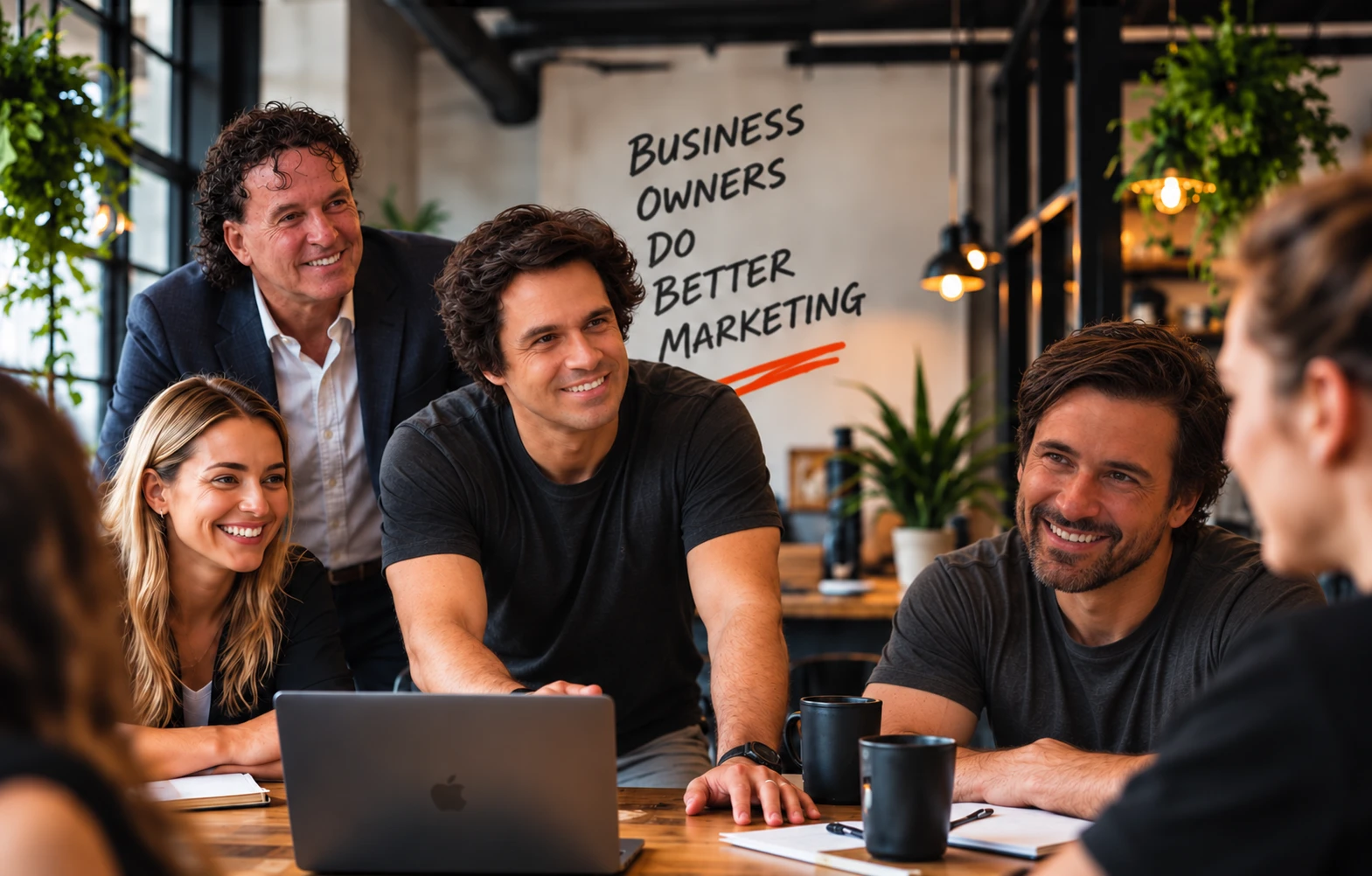 Smiling business owners gathered around a laptop, with “Business owners do better marketing” written on the wall behind them